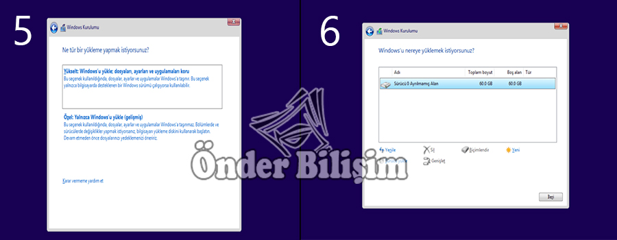 onderbilisim.com/windows kurulum işlemi